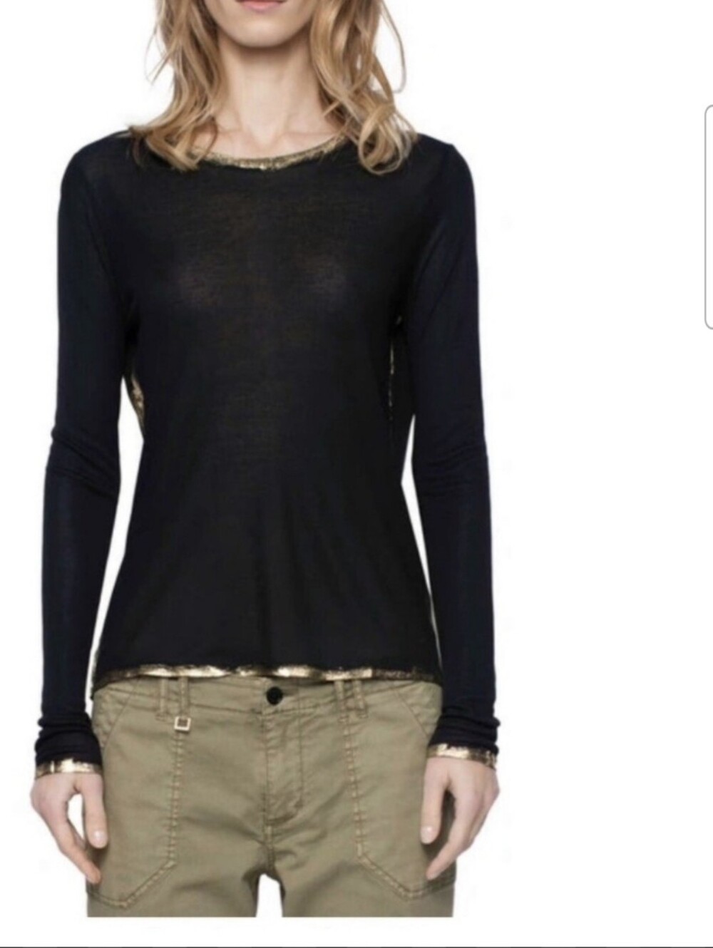 Zadig & Voltaire Willy Gold Long Sleeve Top in Black Size S